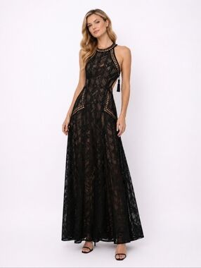 Guess | Black Lace Backless Cut Out Halter Maxi Dress